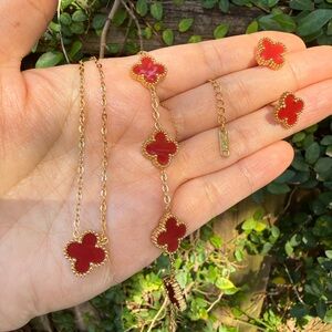 Gold Clover Necklace and Bracelet Set with Pink-Red Stone Accents